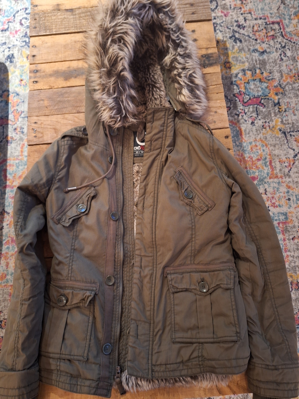 Ecko Red Olive Green Military Field Jacket with Faux-Fur Hood